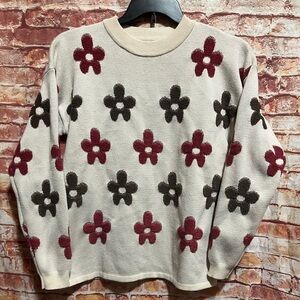 Staccato Floral Crew Neck Sweater - Cream, Brown, Red size medium.